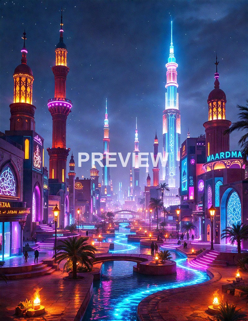 A vibrant, futuristic cityscape illuminated with colorful neon lights, featuring tall skyscrapers, a flowing waterway, and palm trees, all set against a night sky with stars.